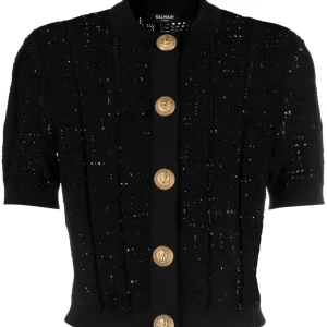 BALMAIN SS MONOGRAM MESH KNIT CROPPED CARDIGAN